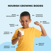 Healthy Heights Grow Daily Kids Protein Drink Mix Canister - High Protein Shake for Kids 3+ - Boy in yellow shirt holding a glass of Healthy Heights pediatrician-developed growth shake promoting children's nutrition. - Healthy Heights