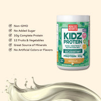 Healthy Heights Kidz Protein Shake Canister – Ages 2+ - Healthy Heights pediatrician-developed Kidz Protein canister with vanilla growth shake, highlighting 10g protein, non-GMO,. - Healthy Heights