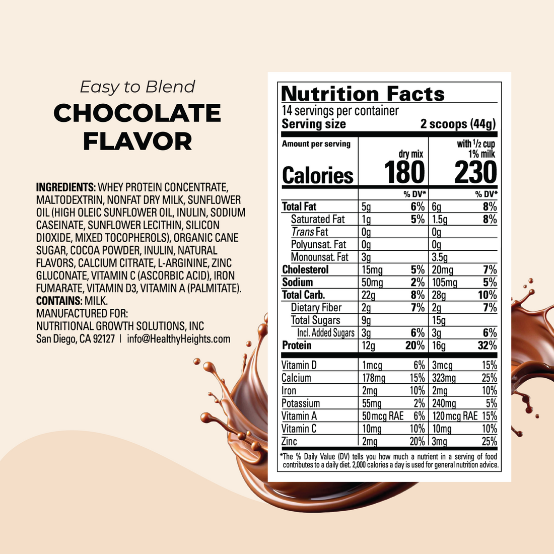 Healthy Heights Grow Daily Kids Protein Drink Mix - High Protein Shake for Kids 3+ - Healthy Heights pediatrician-developed chocolate growth shake for active kids with clear ingredient list and nutrition facts . - Healthy Heights