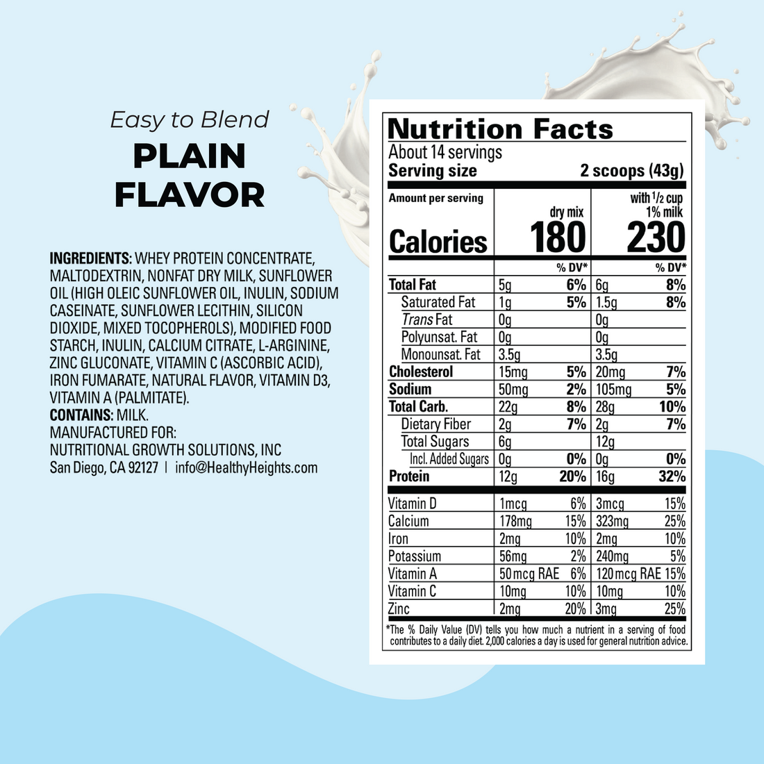 Healthy Heights Grow Daily Kids Protein Drink Mix - High Protein Shake for Kids 3+ - Healthy Heights pediatrician-developed plain flavor growth shake with detailed nutrition facts, ideal for active kids&