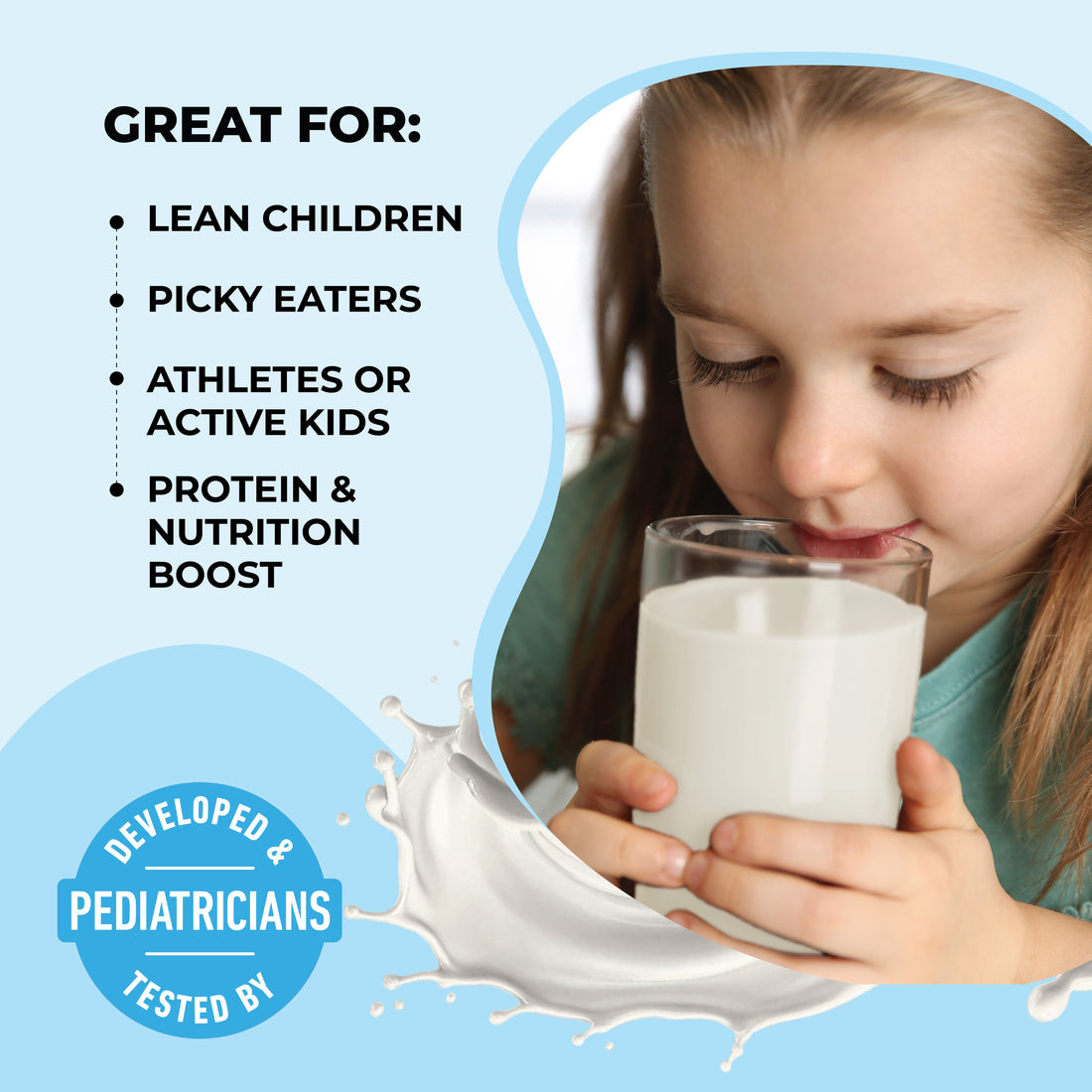 Healthy Heights Grow Daily Kids Protein Drink Mix Canister - High Protein Shake for Kids 3+ - Young child drinking a pediatrician-developed Healthy Heights growth shake with a nutrition boost for active kids. - Healthy Heights