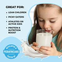 Healthy Heights Grow Daily Kids Protein Drink Mix Canister - High Protein Shake for Kids 3+ - Young child drinking a pediatrician-developed Healthy Heights growth shake with a nutrition boost for active kids. - Healthy Heights