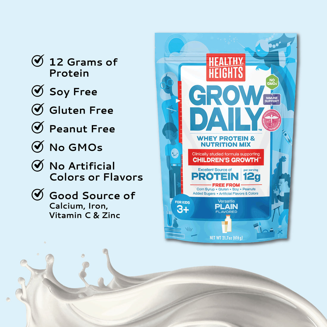 Healthy Heights Grow Daily Kids Protein Drink Mix - High Protein Shake for Kids 3+ - Healthy Heights pediatrician-developed growth shake for active kids, plain flavor, 12g protein, soy and gluten free,. - Healthy Heights