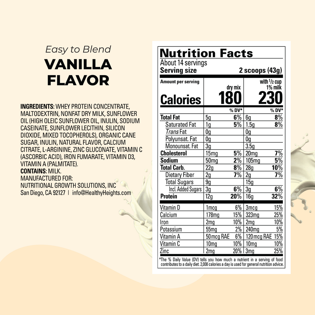 Healthy Heights Grow Daily Kids Protein Drink Mix - High Protein Shake for Kids 3+ - Vanilla-flavored pediatrician-developed growth shake with nutrition facts and ingredient list for active kids&