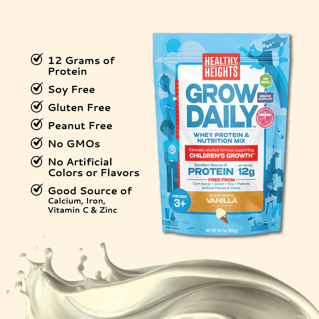 Healthy Heights Grow Daily Kids Protein Drink Mix - High Protein Shake for Kids 3+ - Blue pouch of Healthy Heights Grow Daily vanilla flavor growth shake for active kids, pediatrician-developed with 12g protein. - Healthy Heights