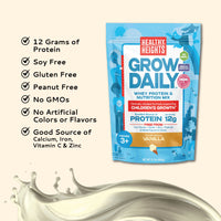 Healthy Heights Grow Daily Kids Protein Drink Mix - High Protein Shake for Kids 3+ - Blue pouch of Healthy Heights Grow Daily vanilla flavor growth shake for active kids, pediatrician-developed with 12g protein. - Healthy Heights