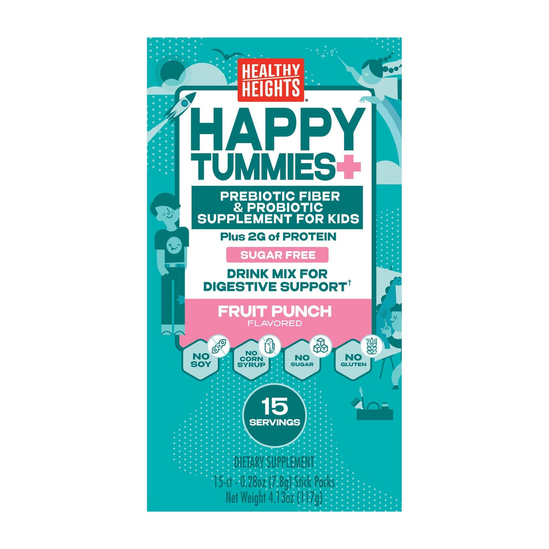 Healthy Heights Happy Tummies Prebiotic Fiber and Probiotic Supplement - Healthy Heights pediatrician-developed growth shake powder for active kids with prebiotic fiber and kids protein in fruit. - Healthy Heights