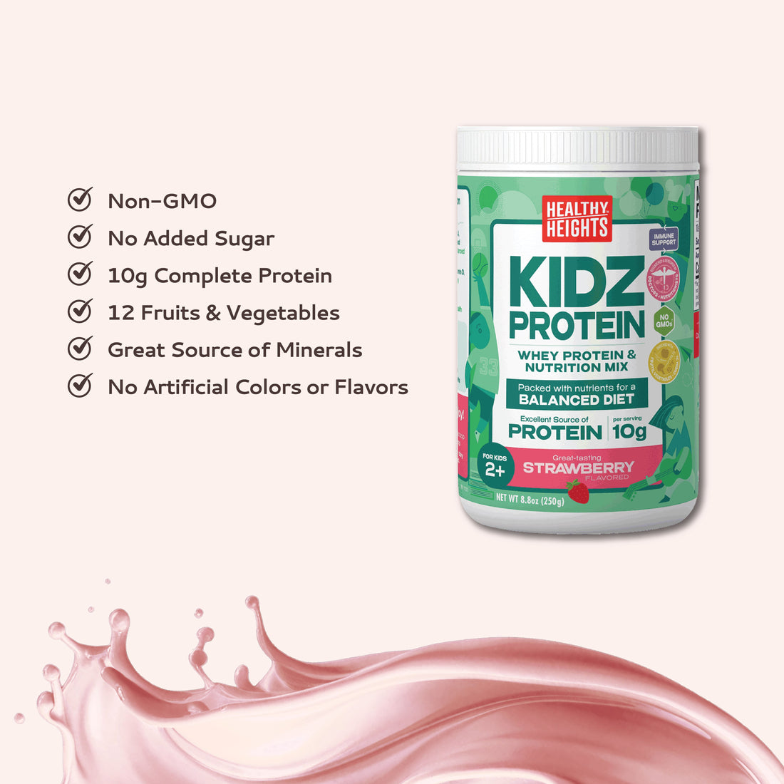 Healthy Heights Kidz Protein Shake Canister – Ages 2+ - Healthy Heights pediatrician-developed strawberry growth shake for active kids with 10g protein and 12 fruits and vegetables. - Healthy Heights