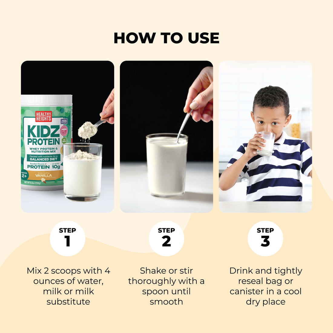 Healthy Heights Kidz Protein Shake Canister – Ages 2+ - Healthy Heights Kidz Protein canister with chocolate flavor, demonstrating pediatrician-developed growth shake preparation. - Healthy Heights