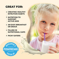Healthy Heights Kidz Protein Shake Canister – Ages 2+ - Healthy Heights pediatrician-developed growth shake promotes children's nutrition and supports active kids, shown with child . - Healthy Heights