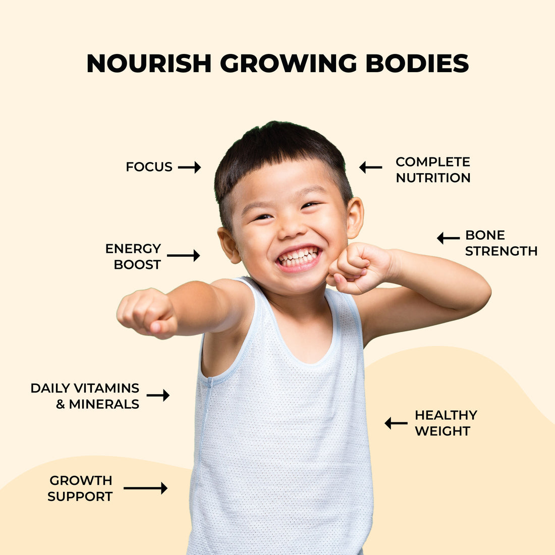 Healthy Heights Kidz Protein Shake Canister – Ages 2+ - Smiling child in white tank top with pointers emphasizing pediatrician-developed Healthy Heights growth shake benefits for. - Healthy Heights