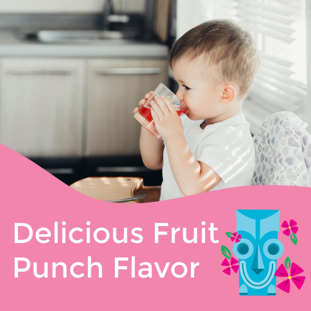 Healthy Heights Happy Tummies Prebiotic Fiber and Probiotic Supplement - Toddler drinking pediatrician-developed Healthy Heights growth shake with fruit punch flavor for children&