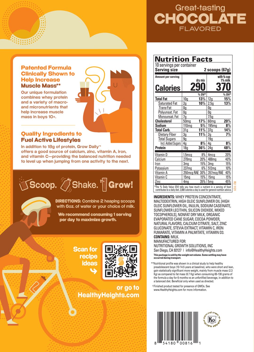 Healthy Heights Grow Daily Protein Shake for Boys – Ages 10+ - Healthy Heights pediatrician-developed chocolate growth shake for active kids, rich in protein and nutrients for height. - Healthy Heights