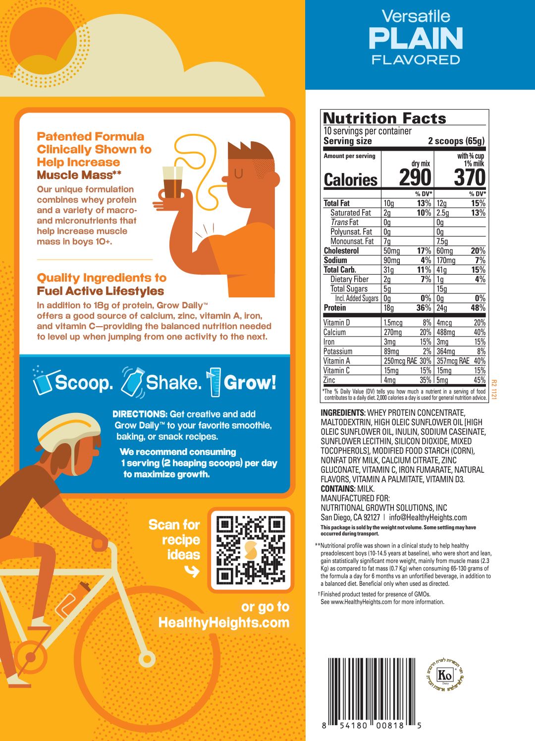 Healthy Heights Grow Daily Protein Shake for Boys – Ages 10+ - Healthy Heights pediatrician-developed plain growth shake for active kids, emphasizing children&
