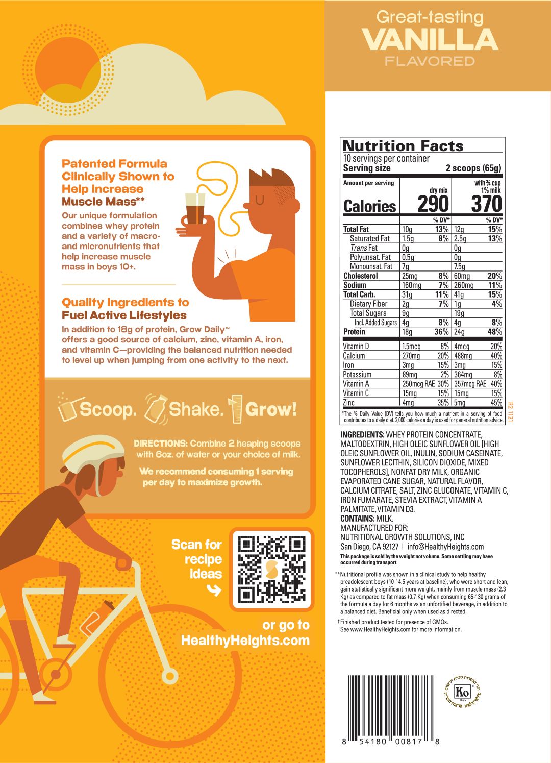 Healthy Heights Grow Daily Protein Shake for Boys – Ages 10+ - Healthy Heights pediatrician-developed vanilla growth shake label highlighting nutrition facts and benefits for active kids&